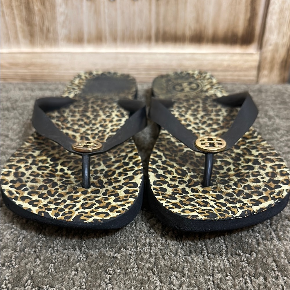 Tory Burch Animal Print Sandals with Black Straps